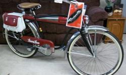 ROADMASTER LUXURY LINER BICYCLE
Has Springer Front End, 26?leather troxel seat with crash rail, electric horn tank, electric headlight, and electric tail light. Has matching red and white saddlebags. Has no flaws of any kind. Price $800.00
For more