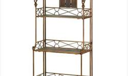 Baker's rack has just the right mix of rustic romance and roomy shelving! An attractive showcase for decorative treasures, or an ample storage spot for everyday items; blends perfectly into your decor.
Weight 21 lbs. Wood and metal. Contents not included.