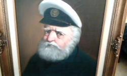 painting by GENE PELHAM of a sea captain, size of photo is 12 by 16 and the frame is 17 and a quarter by 21 and a quarter photo third far right is a portrait of a captain-oil paint c1960 by gene pelham and went for 1.500.00 to 2.500.00 on icollector.com