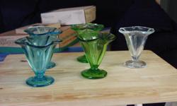 Set of five sundae/parfait glasses. in terrific shape, with no chips or cracks. Set includes two blue glasses, two green glasses and one clear glass.