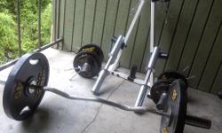 Weight set includes the following: two 45lbs weights, two 10lbs weights, two 5lbs weights, workout bench, curling bar, weight rack with clips, and four twelve inch dumbell bars. In addition, the sale also includes a set of 10lbs solid dumbells (not