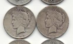 10 Peace Dollar silver coins going at $35 a coin.
Personal deliver is possible.
The weight of these 10 coins in the picture is 264 grams.
High resolution pictures are always available of each coin by email.
Phone: 602-910-5733
Leave a message if I am