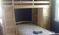 Solid maple wood bunkbed w/trundle in good condidtion! Bookshelves, student desk anddrawers are attached. Barely used twin size matress included. Bed will be disassembled at time of pick up.
&nbsp;