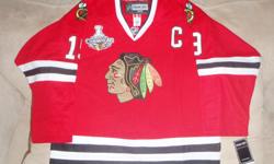 This is my Chicago Black hawks Champions Jersey, This item is new with tags, all numbers letters and patches are sewn on. This item also has the captains patch Jonathan Toews, and the official Stanley Cup champion patch. Please contact