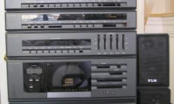 Black LXI stereo tower with:
*Semi automatic turntable
*Digital stereo tuner
*Stereo Amplifier
*Graphic Equalizer
*Compact Laser Disc Player
*Dual Cassette Deck
& 2 KLH speakers
Dimensions: 2 feet tall, 16 1/2" wide, 14 1/2" deep
$40 Cash- Contact Nicole