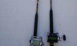 2 stuart custom fishing rods, 6 gold roller guides.
&nbsp;
length 6', 30 / 50 pounds.
&nbsp;
1 Senator reels 6/0, 1 no brand
&nbsp;
$350.00 for both obo.
&nbsp;