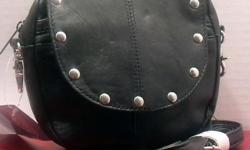 Studded Leather Purse -- Solid Leather Shoulder Strap and Hip Style Bag. Brand new. Selling for $25. Still has tag on it. The bag is genuine leather. It is made by Diamond Plate. The bag features adjustable/removable shoulder straps. Measures 7-1/2" x