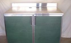 For sale is a 4' - 2 door storage unit counter with a stainless steel top and trim ( pictures attached). It was equipment that could not be relocated to a new store location. The counter has green replacable Formica panels. I have attached a picture