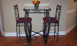 Bar Height Table with 2 chairs - rubbed black finish, glass top with upholstery on chairs
Hutch has 3 glass shelves with wine rack on bottom - rubbed black finish