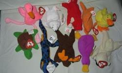 Set of 10 Teenie Beanie Babies
Chops the Lamb
Quacks the Duck
Patti the Platypus
Goldiethe Fish
Snort the Bull
Chocolate the Moose
Seamore the Seal
Lizz the Lizard
Speedy the Turtle
Pinky the Flamingo
Great condition from a non-smoking home
If you are