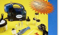 Contains everything you need to airbrush, except the paint. Includes: Air compressor, Compressor adapter, air hose and airbrush, 4 interchangeable tips, Gravity feed color cup, Siphon cup, cleaning tool, cleaning station, 4 mixing bottles, 1 pipette,