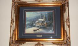 Thomas Kinkade Art Work Called (Sunday Evening Sleigh Ride ) printed in 1996 Limited Edition 18X27"
solid wood victorian frame ******* asking price $400.00
Thomas Kinkade Art Work Called ( Christmas Tree Cottage ) printed in 1994 Limited Edition 12X16"