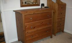 All wood Bedroom set
3 draw wood dresser with mirror
5 draw dresser
night stand
raw Iron head and foot board
lamp
Excellent condition (see images)
