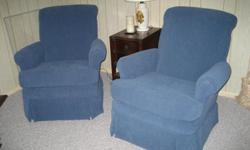 Two Glider/Rocking Chairs in Ocean Blue velvet fabric.&nbsp; Nearly new condition.&nbsp; Manistee area.&nbsp; $125.00 each or $200.00 for the pair.&nbsp; Comes from a smoke free home.&nbsp; Call --.&nbsp; Bought new.