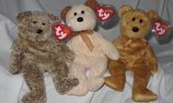 Set of 3
Harry the Bear, Huggy the Bear, Cashew the Bear
Ty Beanie Babies
Retired
From my personal collection in a non-smoking home.
Great condition with hang tags and plastic heart-shaped protectors.
If you are interested and not in the immediate area,