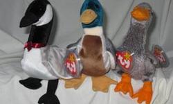 Set of 3
Jake the Duck, Loosy the Goose, Honks the Goose
Ty Beanie Babies
Retired
From my personal collection in a non-smoking home.
Great condition with hang tags and plastic heart-shaped protectors.
If you are interested and not in the immediate area,