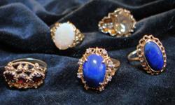 Five beautiful rings 14K. Lapis with eight diamonds, $750, fine, Precious Opal, $500, Other lapis $450, Citrine in heavy gold setting $450, three beautiful garnets in intricate gold setting $450, These rings are all in perfect shape and all size six and