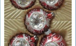 Commodore Red and Silver Glitter Ball Christmas Ornaments
Set of 5, Boxed
Hand decorated glass
Made in Romania
7096-C
This is a boxed set of 5 hand decorated glass ball Christmas ornaments with indentations in center. The ornaments were made in Romania