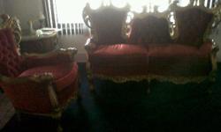 USED RED VELVET VICTORIAN LOVE SEAT, SOFA, AND CHAIR..IN GOOD CONDITION WAS PASSED ON TO ME FROM A LOVED ONE..