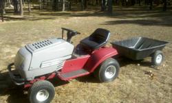 This is a redone White 1500 Lawn Tractor. Used for light tractor work around the property. Price includes a small yard tow trailer. Has a 15.5 HP Engine, and offers 6 forward speeds. Tractor was dis-assembled cleaned up and completley painted. Complete