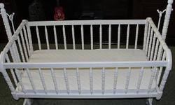 I have an ivory crib for sale $70.00. Mattress is $25. Crib bedding is $35.00. Crib accessories are for sale, each is $20.00. In excellent condition.
White cradle with mattress for sale $35.00. They are all in excellent condition. Like brand new.
I also