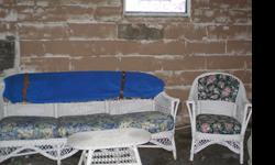 Wicker Set: Couch, Chair and 2 stands looking for a good home!
Wicker is in excellent shape
Needs reupholstered&nbsp;
Springs on seats which makes it very comfortable
Long sofa 6 1/2 ft. long Great to sleep on. &nbsp;
Moved to an apartment&nbsp;
PS the