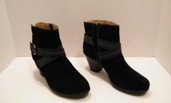 Comfortable Women's Cady Black Suede Ankle Boots with black leather cross strap Retail $104.95 On a budget like the style buy pre-owned Boots. We have some of the best quality pre-owned name brand, women boots at a low budget price. Where new items are