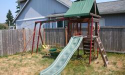 Wooden swing set has monkey bars two swings, swing like a teeter totter for two kids. Slide,rock wall kids are two big for it. You take down and haul I have pitcure's I can e-mail to you.