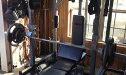 Description
Workout Equipment Weider Club C670- with squat cage, adjustable bench (incline-decline-flat), preacher curl attachment, pully system (cable lat pull-down curl-low row etc..) pull up bar, dip station, olympic bar with clips and weights totaling