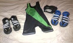 Youth wrestling gear for sale. Singlet green/black youth size small for weight approximately 45 pounds. $7. ASICS headgear size small. $ 10. Adidas wrestling shoes black or blue, size 2, in good condition. $20 per pair. All equipment in good condition and