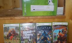 Barely used (like 8 hrs) xbox 360 and 4 games include cabela's dangerous hunts 2009, avatar, banjo-kazooie nuts & bolts, grand theft auto IV, and 2 demo discs with various games on them. adult owned, like brand new. in box with receipt. call 806-379-6222