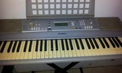 This is a great keyboard for a beginner. Comes with stand for the keyboard, You can plug it in or use it on battery. It comes with a music stand attachment to the keyboard. Great deal for new students. Please call 321 482 7812