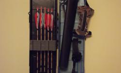 Darton Apache: Adjustable range 30- 45 pounds. 65 % let off. Included:Forearm guard, quick release, extened stabilizer, belt clip-on arrow quiver, attachable bow arrow quiver for broadheads, plastic hard case for arrows that slips into soft bow case and